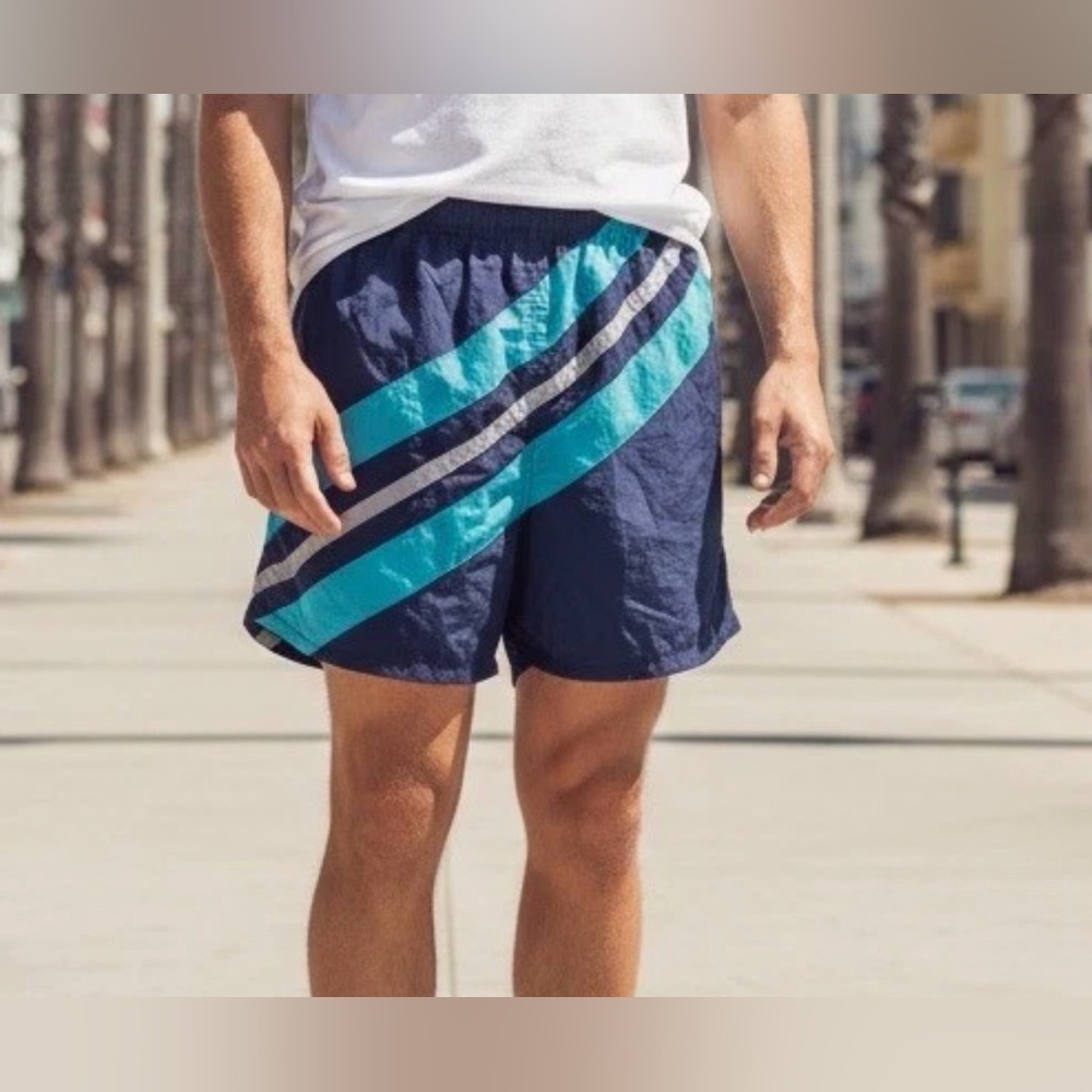 VTG 90s Basic Editions Windbreaker Shorts L Retro Geometric Swishy Swim Trunks
